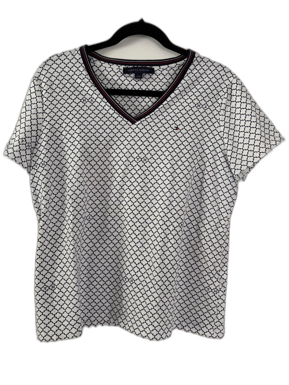Tommy Hilfiger Navy White Geometric V-Neck Tee Women's L Embroidered Logo